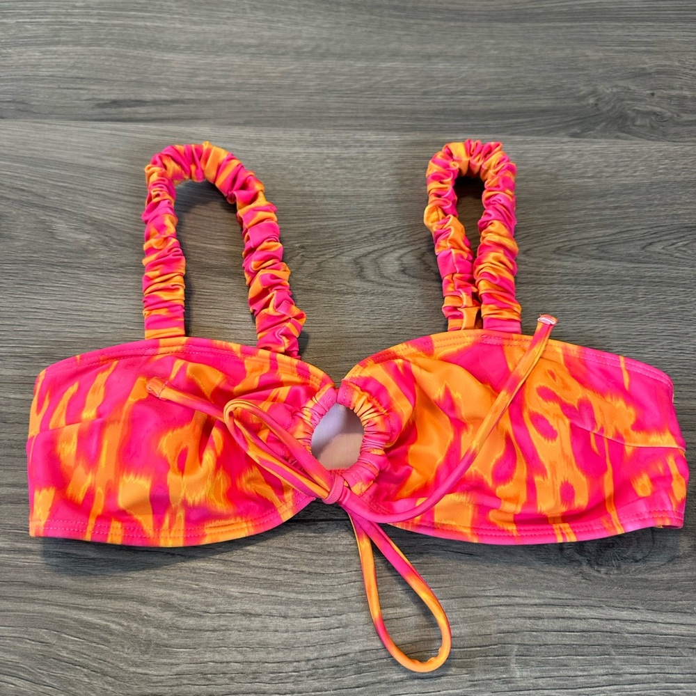 SHEIN Pink and Orange Ruched Ring Front Bikini Top